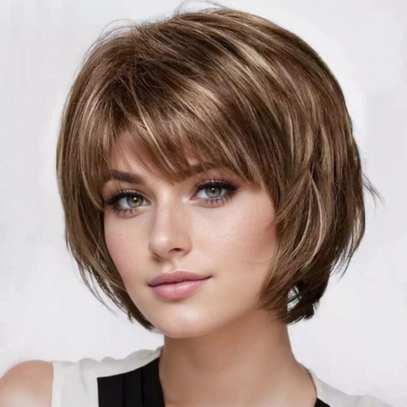 Europäischer und Amerikanischer Stil Damen Kurze Gerade Braune Perücke Mode Natürlicher Look Flauschiges Synthetisches Haarteil goldbraune