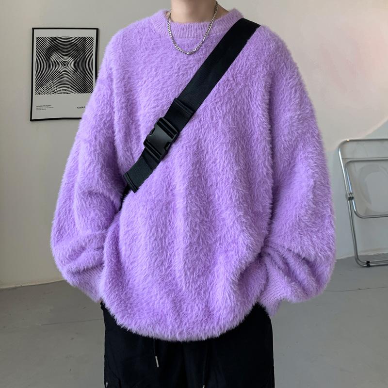 2024 neue Herbst Männer Rundhals Dicken Pullover Männer Reine Nerz Kaschmir Männer Oansatz Pullover Männlichen Gestrickten Pullover Winter Warme jumper 2XL violett