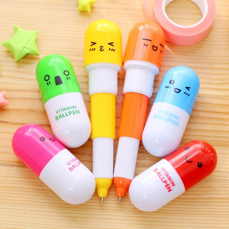 6 stücke Nette Lächelndes Gesicht Pille Kugelschreiber Neuheit Schreibwaren Teleskop Vitamin Kapsel Kugelschreiber Für Den Schulgebrauch 12pcs bunt