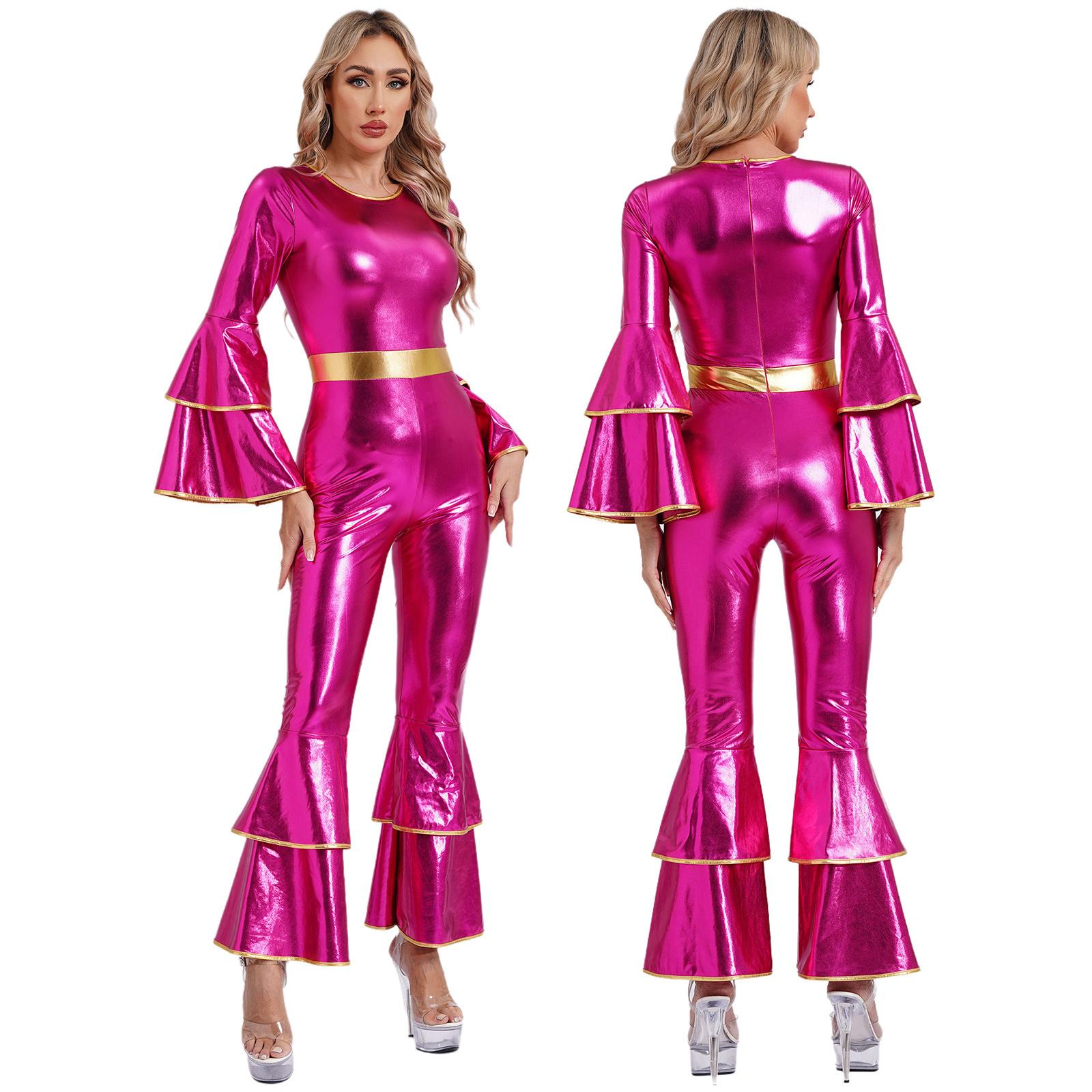 Damen Vintage 70er Jahre Disco Metallic Glänzend Jumpsuit Stufenärmel Schlaghose Hippie Strampler Einteiler Tanzbekleidung Kostüme S heißes rosa