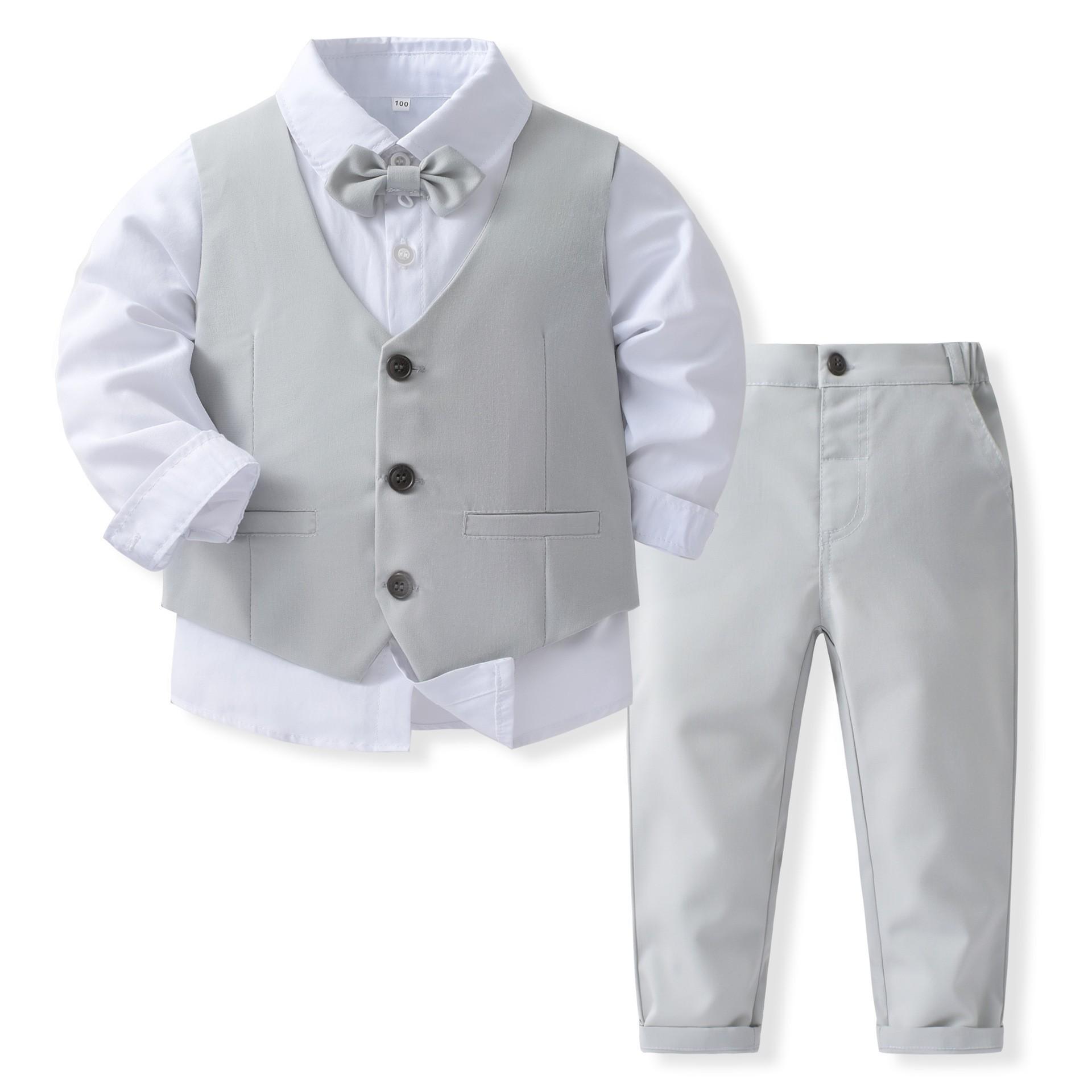 Jungen Gentleman Outfits Geburtstagskostüm Kinder Frühling Herbst Boutique Kleidung Set Solide Weste Anzug Kinder Baumwolle Formelle Kleidung 130cm licht grau