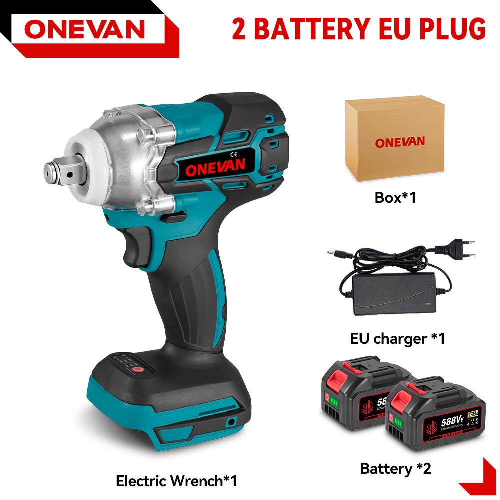 ONEVAN 520N.M Bürstenloser elektrischer Schlagschrauber 1/2 Zoll Akku-Sechskant-Steckschlüsselsatz Schraubendreher-Elektrowerkzeug für Makita 18V-Batterie 2 Battery EU Plug