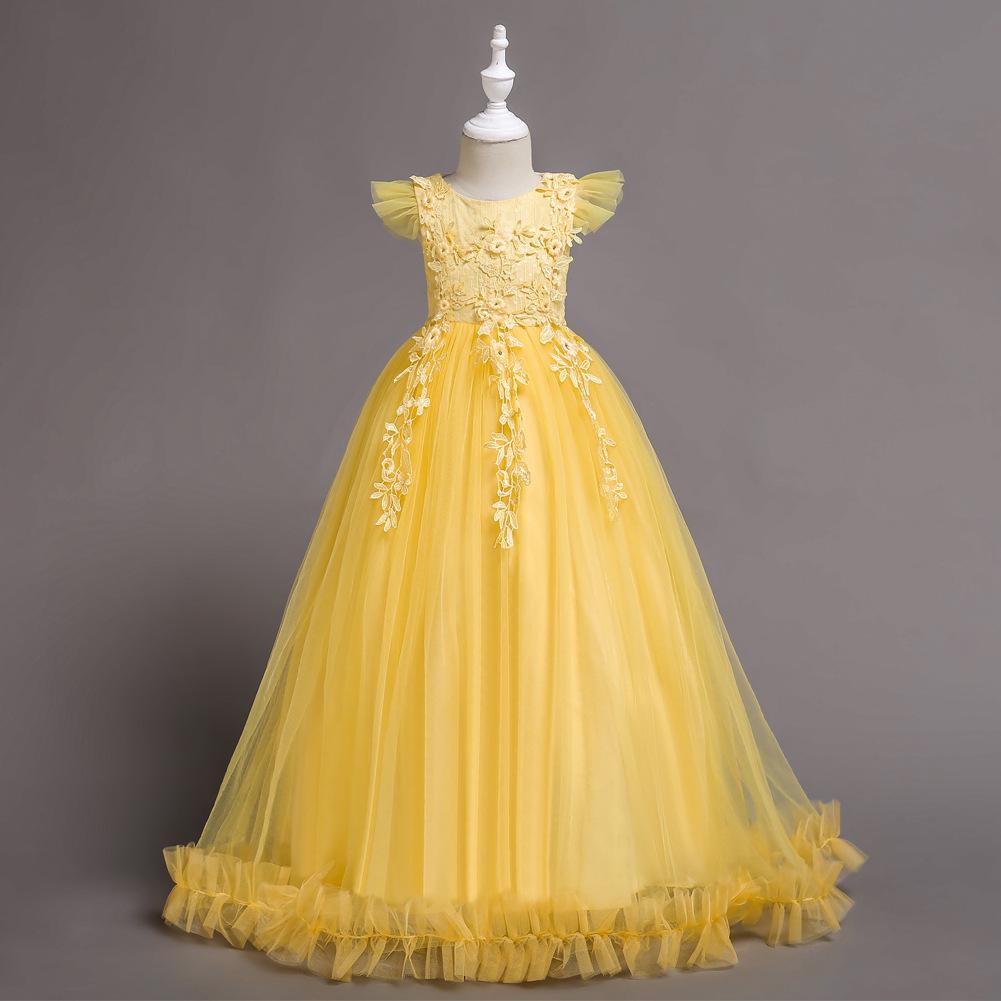 Kinderkleider Blumen Spitze Festlich Ärmellos Lange Kleider Für Mädchen Prinzessin Kostüm Mädchen Hochzeitskleider Kleidung 4-15 Jahre 140cm gelb