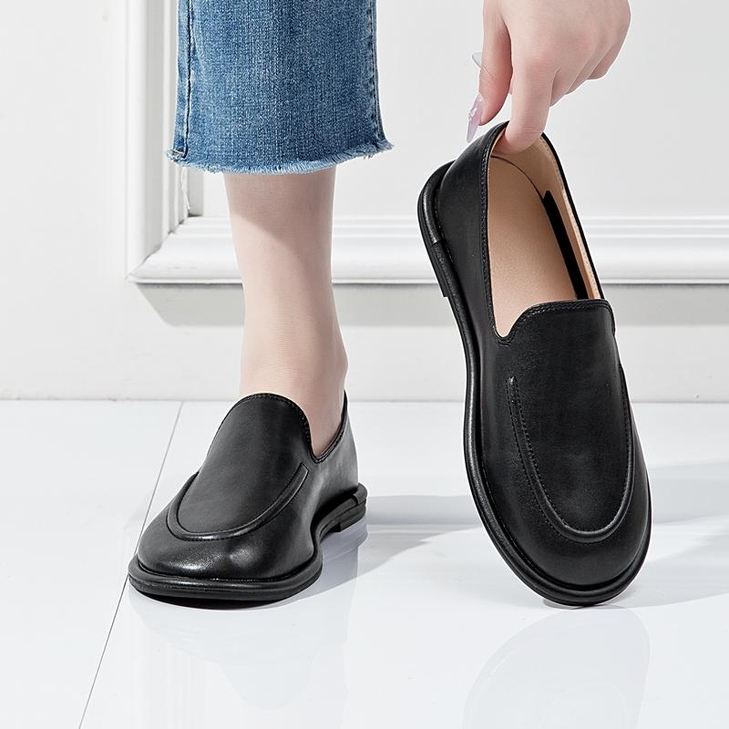 Loafers Damen Frühling Runde Zehen Ein Fuß Slip-on Schuhe Damen Echtes Leder Weiche Flats Schuhe Damen 35 schwarz