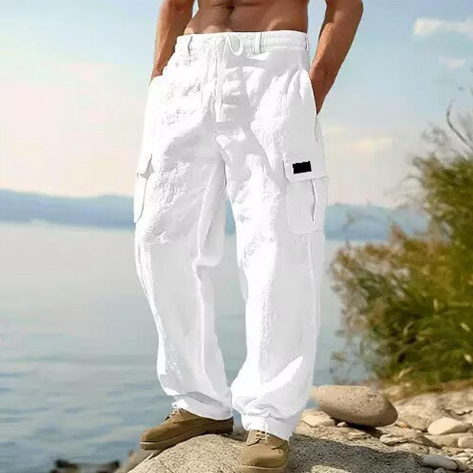 Herren Lockere Passform Leinen Baumwolle Cargohosen Leicht Atmungsaktiv Mehrere Taschen Utility Hosen Lässig Weiter Bein Arbeitskleidung Hosen XXXL weiß