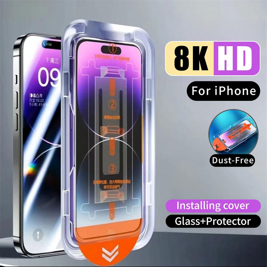 Staubfreie Box Displayschutz für iPhone 16 15 14 13 12 11 Pro Max gehärtetes Glas für iPhone Xs Max XR X Auto-Staubentfernungsset iPhone 13 Pro Max