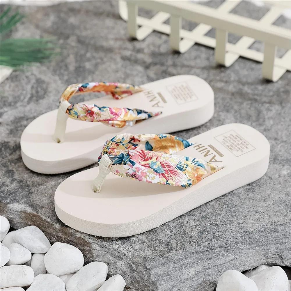 Blumenmuster Hausschuhe mit dicker Sohle, Damen-Flip-Flops, Sommer, Strand, böhmische Hausschuhe, Clip-Füße, modische Hausschuhe 40 beige