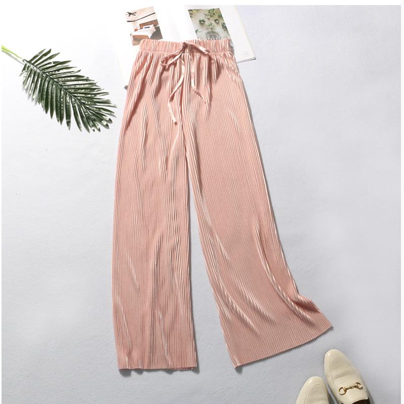 Frauen Mode Sommer Breite Bein Hosen Plissee Eis Seide Hosen Elastische Taille Lose Beiläufige Hosen One Size rosa