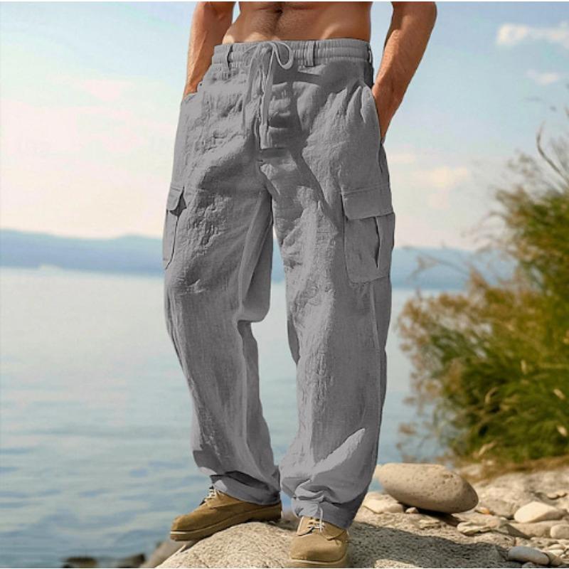 Atmungsaktive Baumwoll- und Leinen-Arbeitskleidung mit mehreren Taschen, lockere und lässige Weitbein-Hose, Herren-Freizeithose XXL