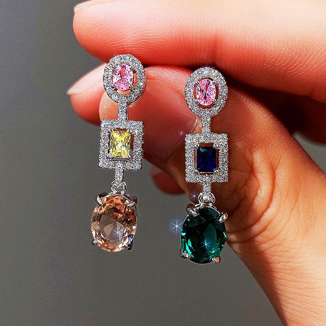 Luxus Weibliche Lange Tropfen Ohrringe Mit Aaa Zirkon Vintage Silber Farbe Hochzeit Ohrringe Für Frauen Rosa Blau Grün Stein Ohrringe red