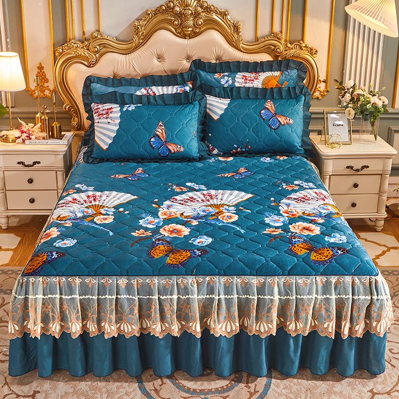 Bettwäsche-Set, Textil, Prinzessin, Spitze, gesteppt, Kristall-Samt, Bettrock, verdickt, warm, Milch-Samt, Bettdecke, Bettdecke, Rock 2pcs Pillowcase