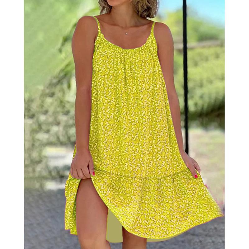Frauen Mode Schlinge Kleid Sommer Casual Ärmellose Übergroßen Blumen Druck Party Lose Kleider Weibliche L gelb