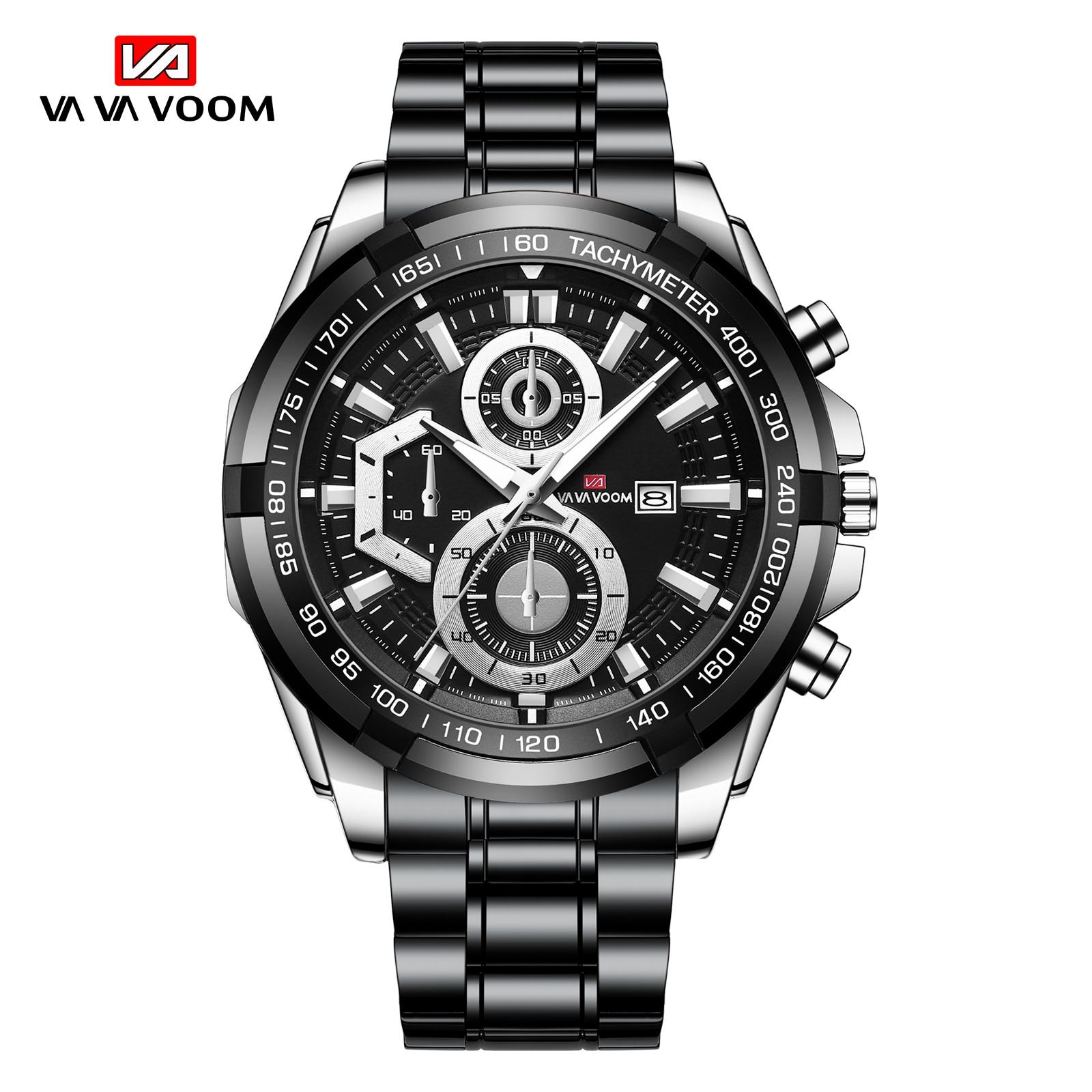 VA VA VOOM Herrenuhr Top-marke Luxus Sport Quarz Herrenuhren Voller Stahl Wasserdicht Chronograph Armbanduhr Männer Relogio Masculino Stainless steel silber/schwarz