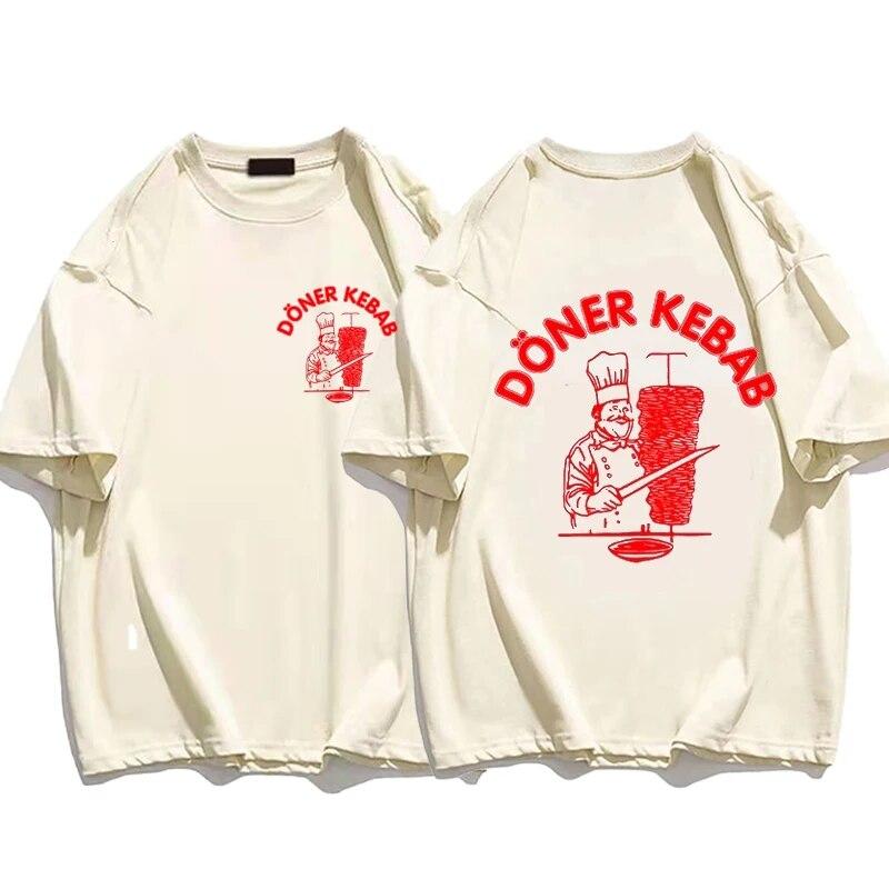 Sommer sportliche T-Shirts Döner Kebab Druck reine Baumwolle Unisex Kleidung Kurzarm Tops lustige Frauen T Shirt Vintage übergroße T-Shirts M beige