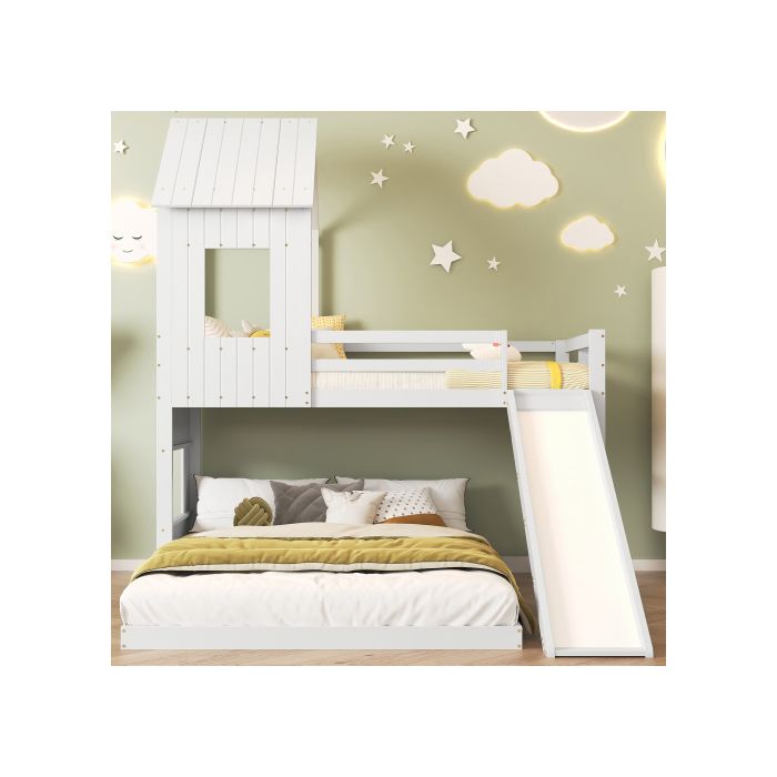 Etagenbett mit Rutsche Etagenbett mit Fallschutzgittern, mit Fenster und Dach, Kiefer, weiß weiß