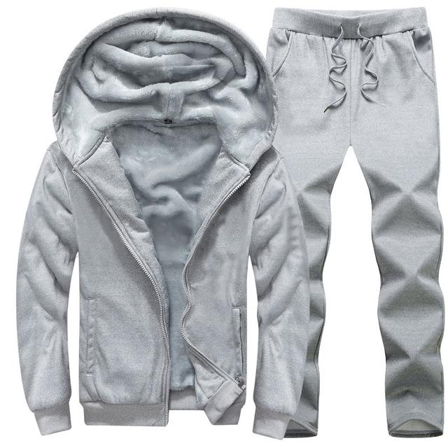 Winter Trainingsanzug Männer Reine Farbe Pelz Gefüttert Hoodies Und Hosen Set Männer Jogging Anzug Warme Fleece Jogger 2 Stück Set plus Größe XL grau