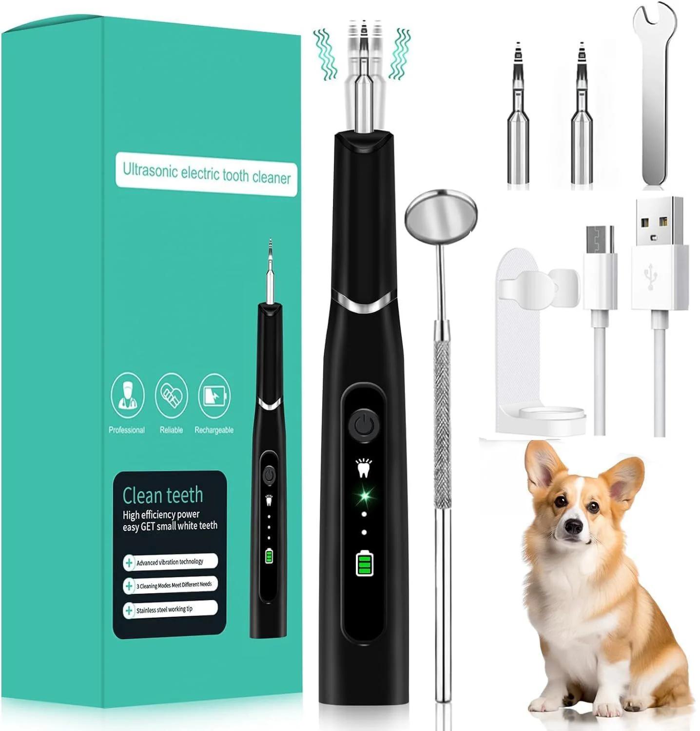 Ultraschall-Zahnreiniger für Hunde aus Edelstahl mit USB-Aufladung, LED-Licht, Zahnreinigung für Katzen und Hunde, 3 einstellbare Doppelreinigungsshampoos, Haustierbedarf schwarz