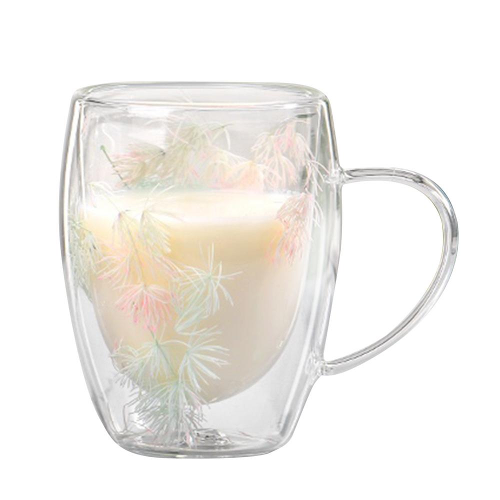 Doppelschichtige Kaffeetasse mit getrockneten Blumen, doppelwandige Kaffeetassen aus Glas, Glastasse mit getrockneten Blumen, Teetasse, Milchtasse, Becher, Trinkglas 350ml white