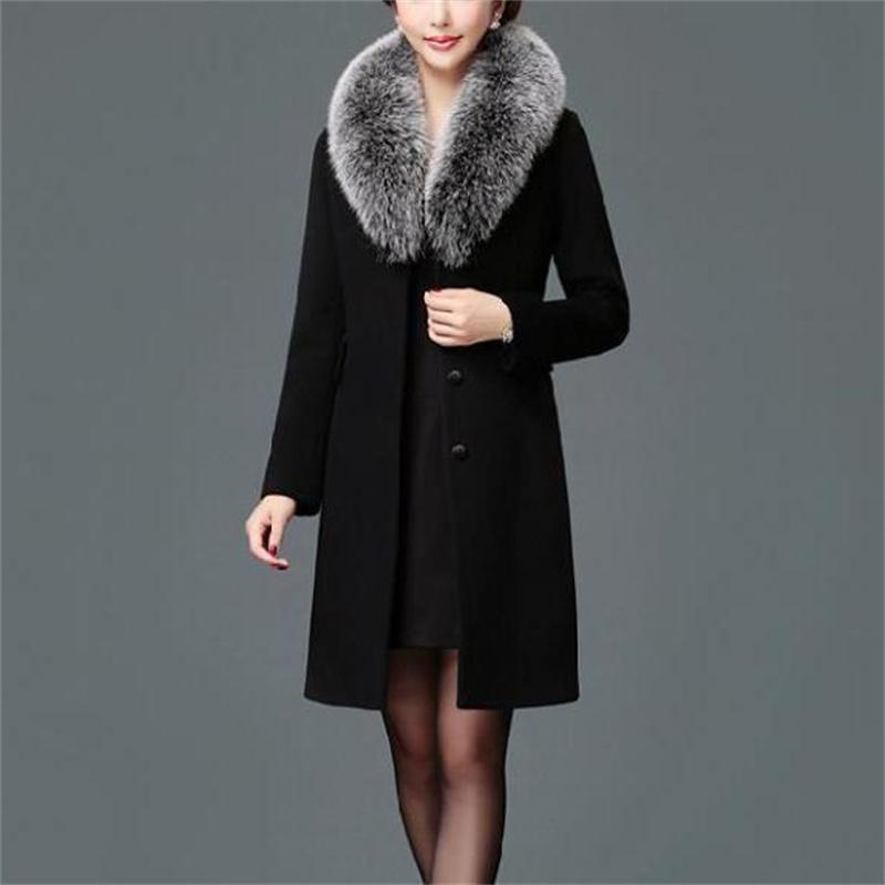 2023 frauen Wolle Mantel Neue Winter Herbst Mode Schlank Pelz Kragen Woolen Blends Jacke Langen Mantel Oberbekleidung Tops Weibliche Jacken XXXL schwarz