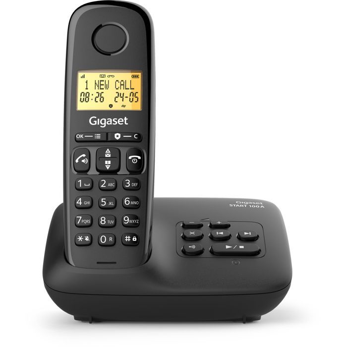 Festnetztelefon - GIGASET - Basic 100A - Anrufbeantworter - Freisprechfunktion - Beleuchtetes Display - Telefonbuch 50 Kontakte - Sperrliste - Schwarz