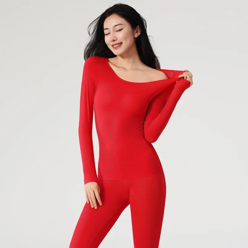 Thermo-Unterwäsche-Set für Damen Leichtes Nahtloses Langarm-Oberteil Warme Lingerie Damen Winter-Nachtwäsche Enge U-Ausschnitt-Shirts 40-70 kg red