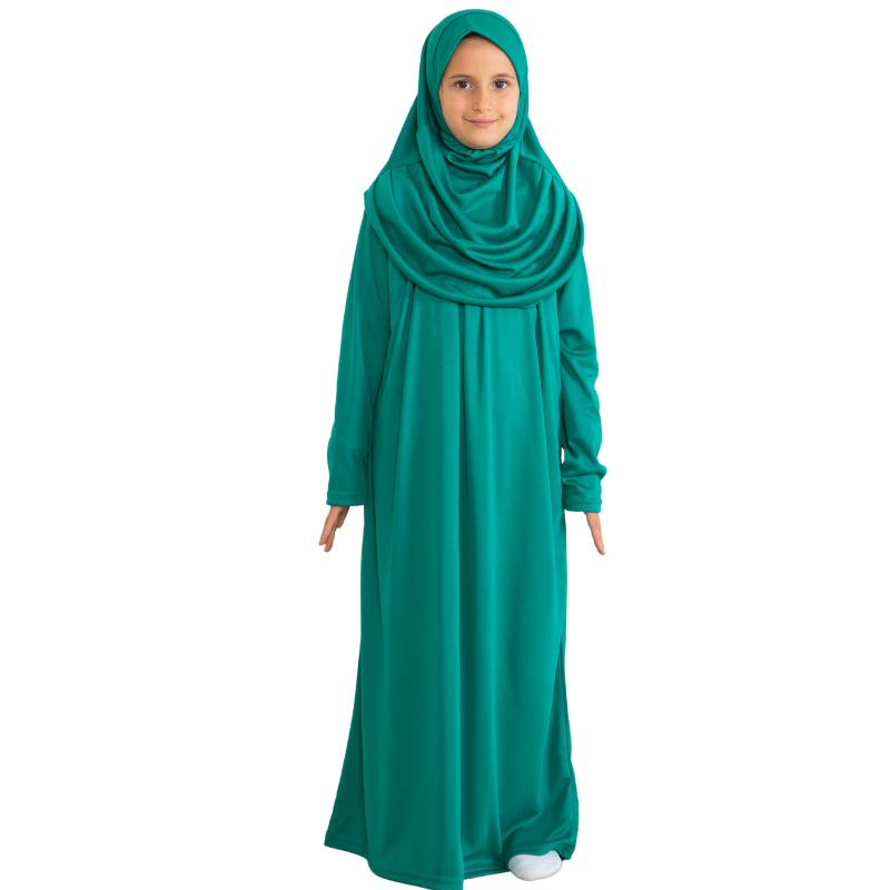 Gebetskleid für Kinder, muslimische Kleidung für Mädchen, langärmelig, Abaya mit Hijab, zweiteiliges Maxi-Islamisches Set, Schal, Kaftan, Jilbab grün
