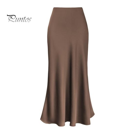 Frauen Eleganter Rock aus Kunstseide und Satin mit hoher Taille, Fischschwanzrock, A-Linie, einfarbig, glänzend, für Bürodame, Rock, Arbeitskleidung L kaffeebraun
