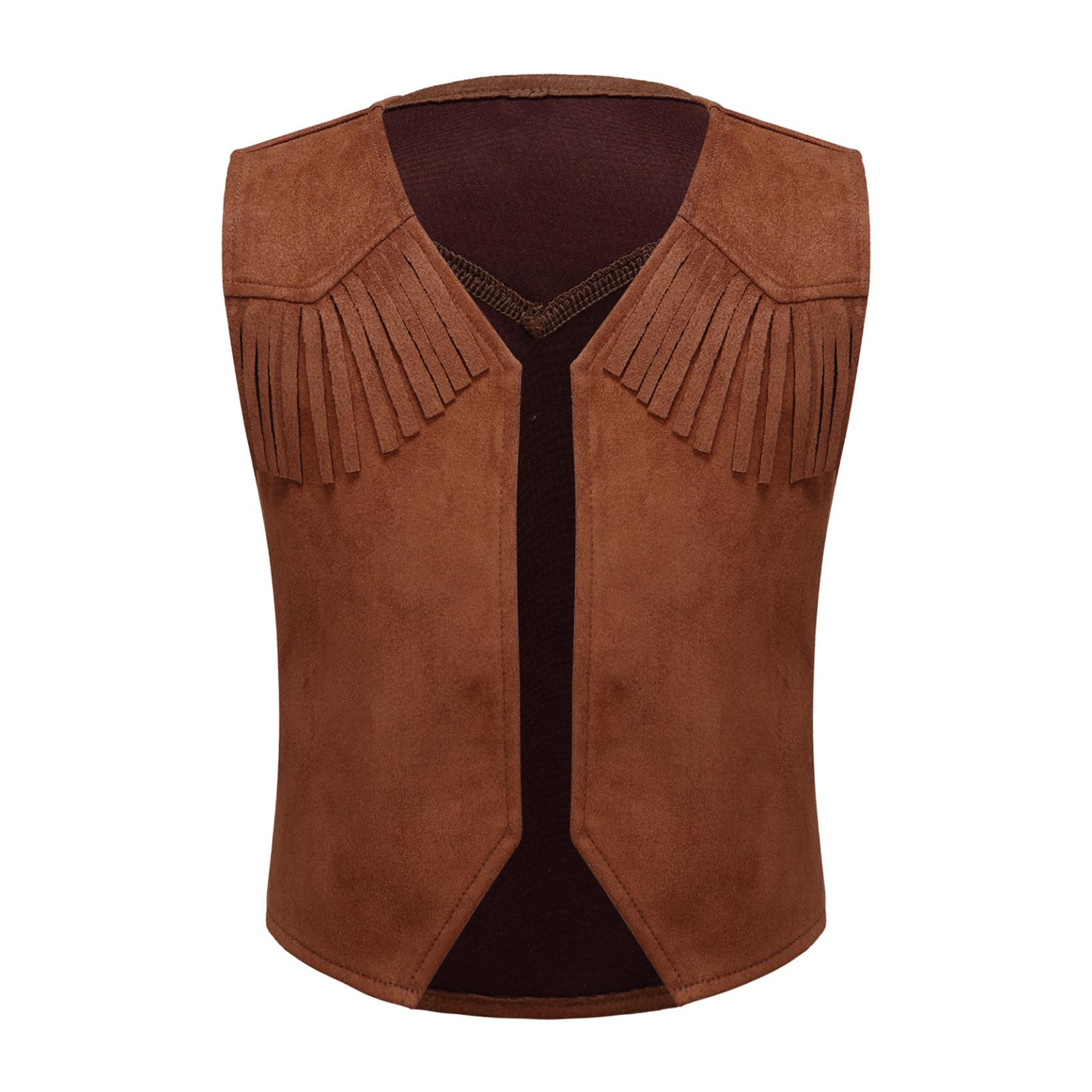 Western-Cowboy-Weste für Jungen, Halloween-Kostüm, braune Wildlederjacke mit Fransensaum für Kinder, für Karneval, Mottoparty 5-6 Years braun