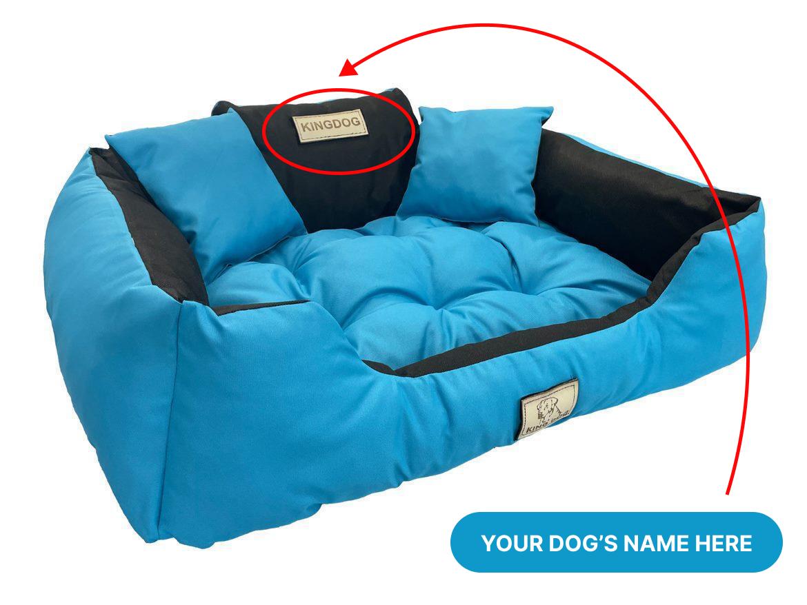 KINGDOG Hundebett mit HUNDENAME wasserdicht langlebig, SML XL XXL 3XL S - 55/45 cm kugel blau
