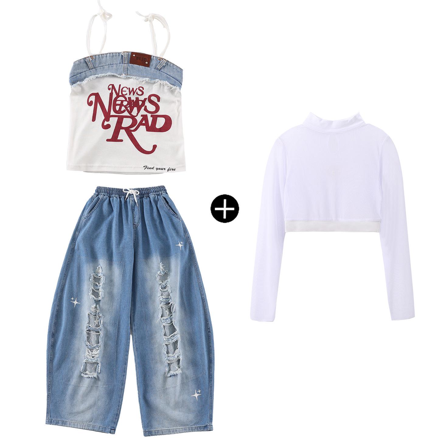 Trendige Streetdance-Outfits für Kinder: Color Block Hip Hop Tops & Jeans-Arbeitshosen für Mädchen & Jungen Size 150