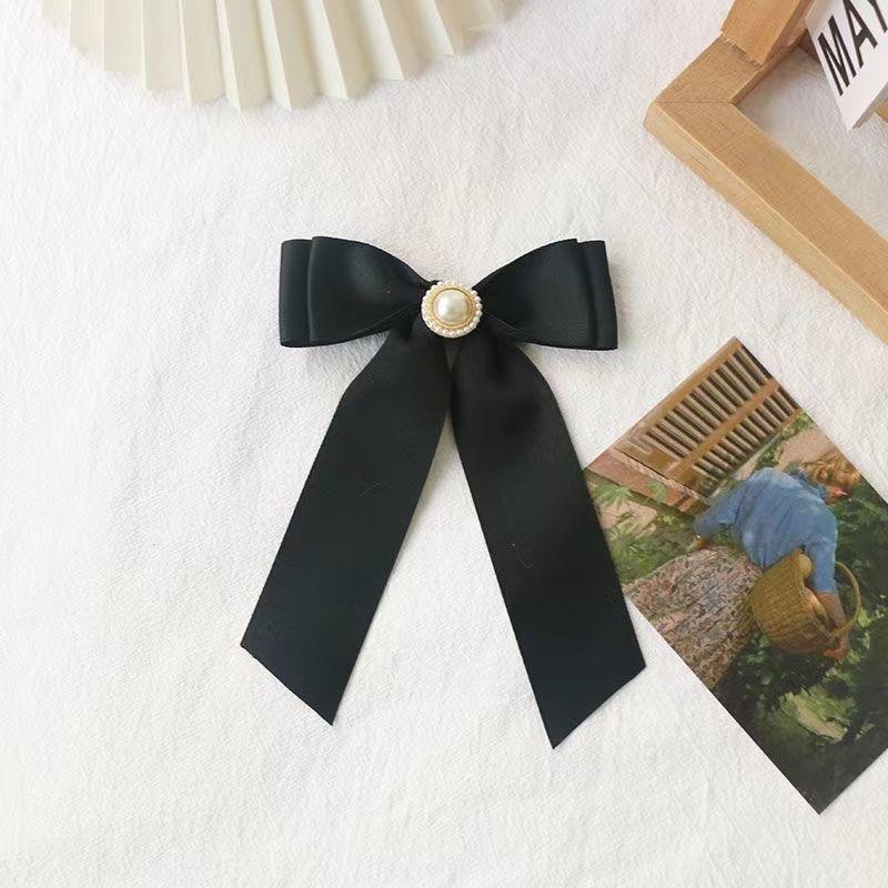 Schwarze Satinband Schleife Brosche Perle Schwebende Krawatte Krawatte Blume College Stil Anstecknadel Klein Kleidung Dekoration Zubehör polyester black