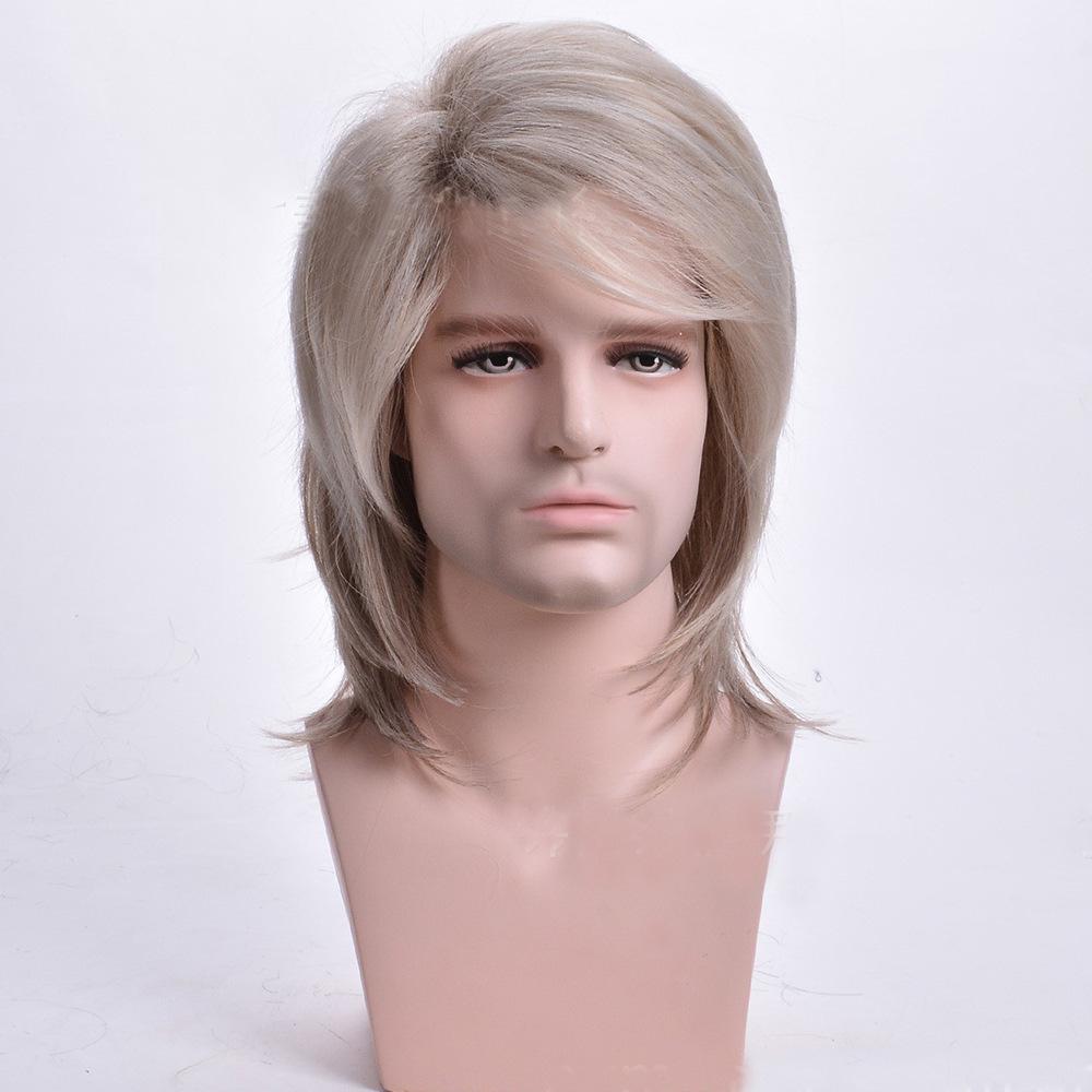 Männer Perücken Lockig Synthetisch Gestuft Schulterlang Männerhaar Hellblond Männerperücke mit Pony Hitzebeständige Faser helle blonde