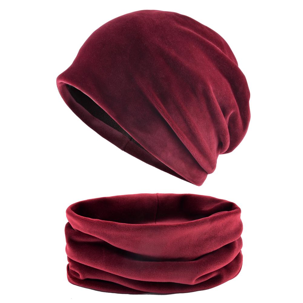 Einfarbiges Mützen- und Schal-Set für Damen, warme Samtmütze, Wintermütze, Turbanmütze für Damen 55-58CM rot
