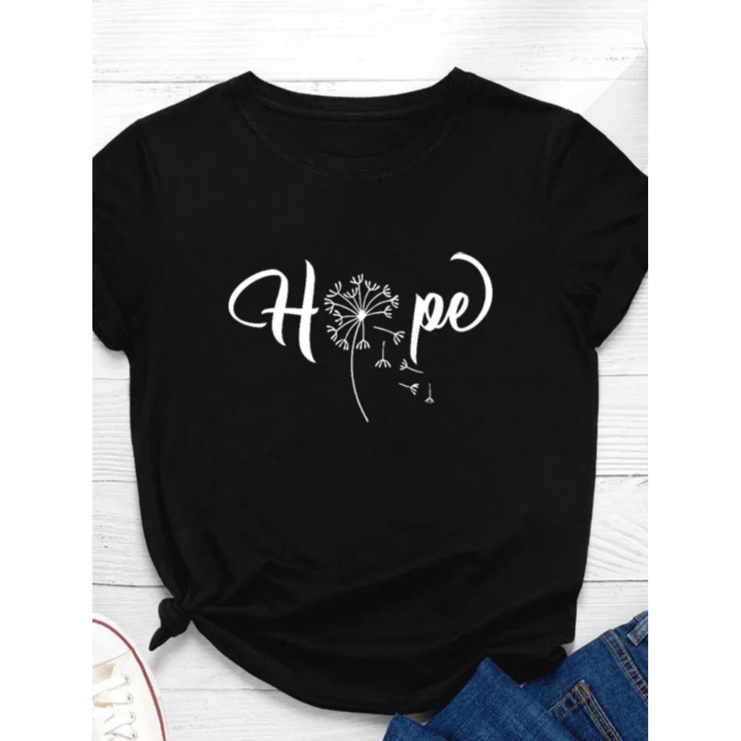 Löwenzahn Hoffnung Buchstaben Print Damen T-Shirt Kurzarm O-Ausschnitt Locker Damen T-Shirt Damen T-Shirt Tops Kleidung Camisetas Mujer XXXXXL schwarz