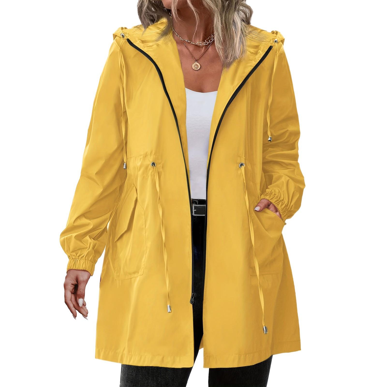 Damen-Regenmäntel mit Kapuze, leichte Outdoor-Kapuze, wasserdichter Windjacke, solide Trenchcoat-Jacke in Übergröße XXXL gelb