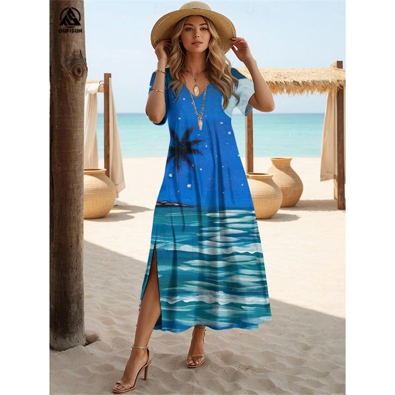 2024 Hawaiian Damenkleider Cocoanut Tree Print Midikleider Urlaub Damen Kurzarmkleid Mode Sommerkleider mit V-Ausschnitt 4XL