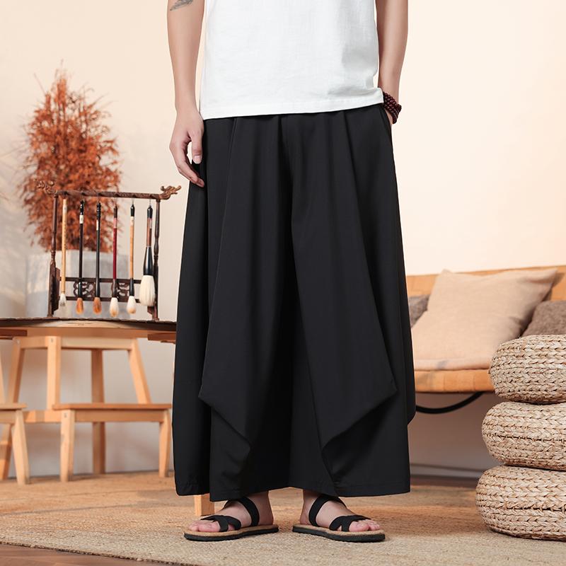 2025 Frühling Sommer Herren Chinesisches Tai Chi Hanfu Hose Herren Einfarbig Locker Schwarz Hose Männlich Trendig Lässig Weitbeinige Hose 4XL schwarz