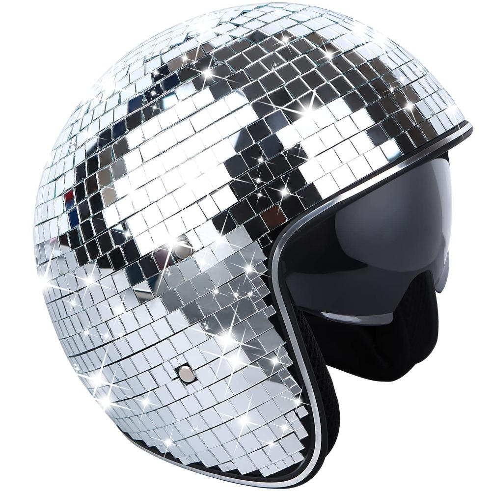 Premium Glitzer Disco Helm Atemberaubende Lichteffekte Einziehbarer Klappvisier Helm Musikfestivals silber