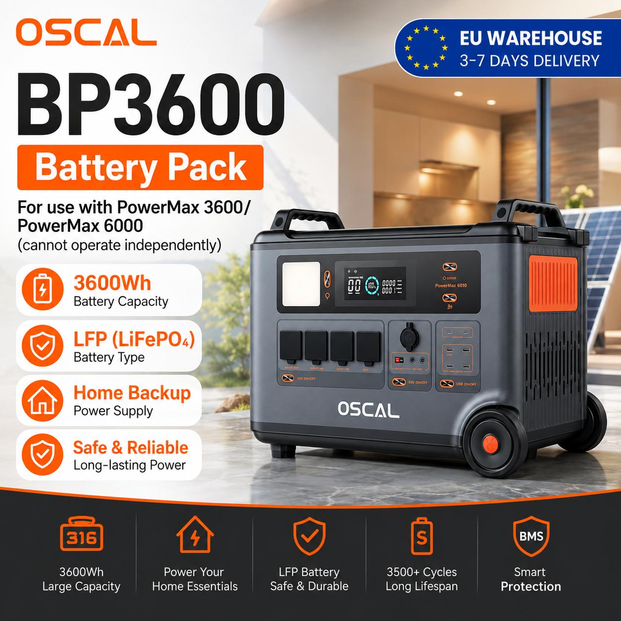 OSCAL PowerMax6000 Tragbare Powerstation 6000W 3600Wh LiFePO4 Solargenerator 57600Wh Erweiterbar 120V/240V USV Schnellladung APP für Zuhause Wohnmobil Off-Grid BP3600(battery pack)-YY