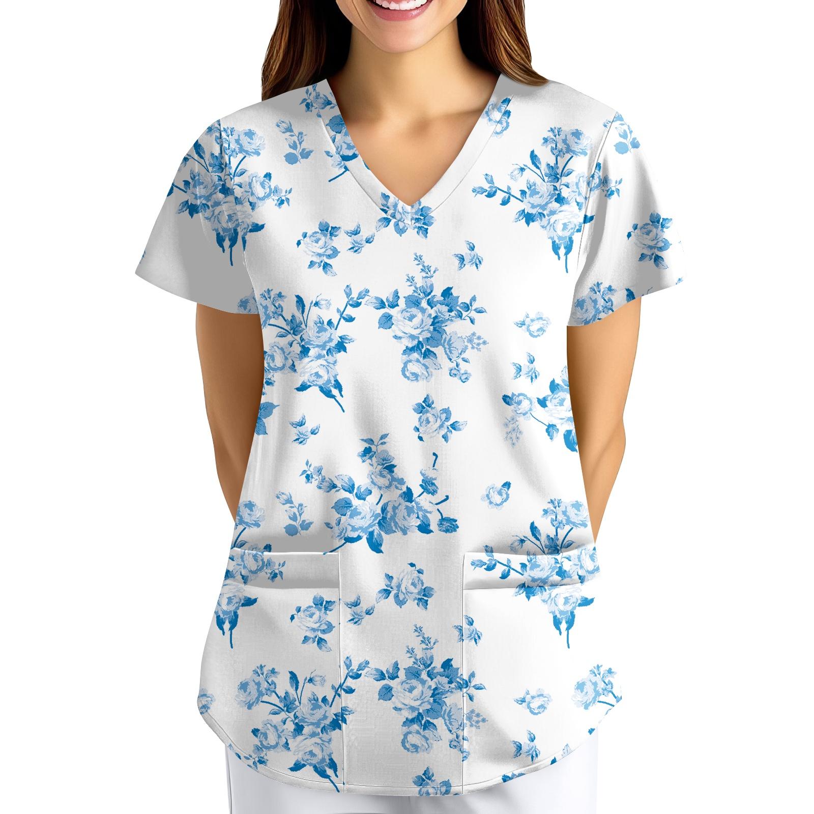 ÜbergrößeBedruckte Kasack Arbeitsuniform Oberteile für Damen V-Ausschnitt mit Überkreuzung Print Kurzarm Lustige T-Shirts Arbeitskleidung T-Shirt mit Taschen L blau
