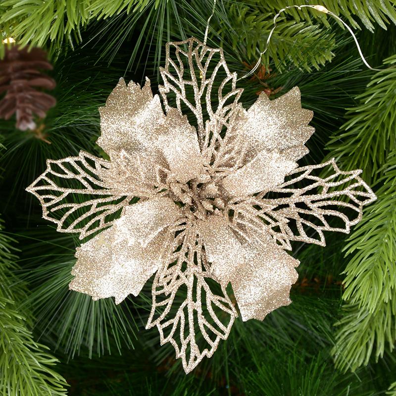 5 Stück 9-16cm Glitzer Künstliche Weihnachtsblumen Weihnachtsbaumschmuck für Zuhause Kunstblumen Weihnachtsornamente Neujahrsdeko 9cm champagner
