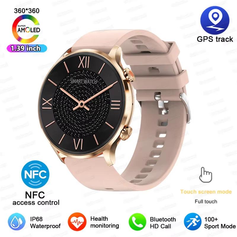 2025 Neue GPS Track Smartwatch Damen AMOLED HD Bildschirm Herzfrequenz Blutdruck BT Anruf IP68 Wasserdicht Smartwatch Für Huawei Xiaomi Gold Silicone
