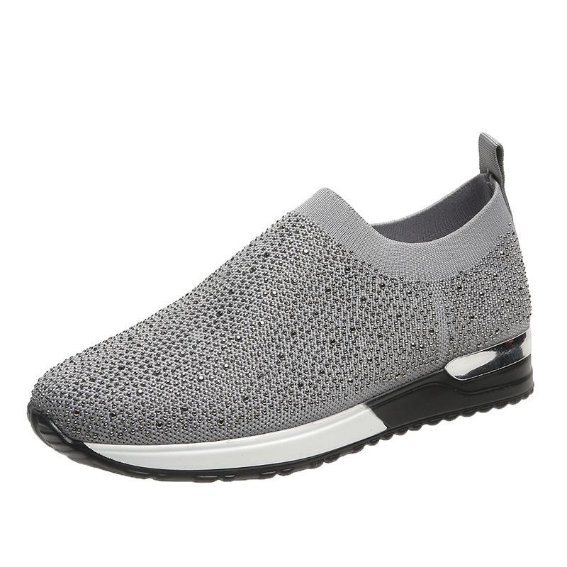 Mode Strass Mesh Sneaker Damen Leicht Atmungsaktiv Freizeitschuhe Neue Mode Weiße Keile Slipper Loafer Flache Schuhe Damen 39 graue