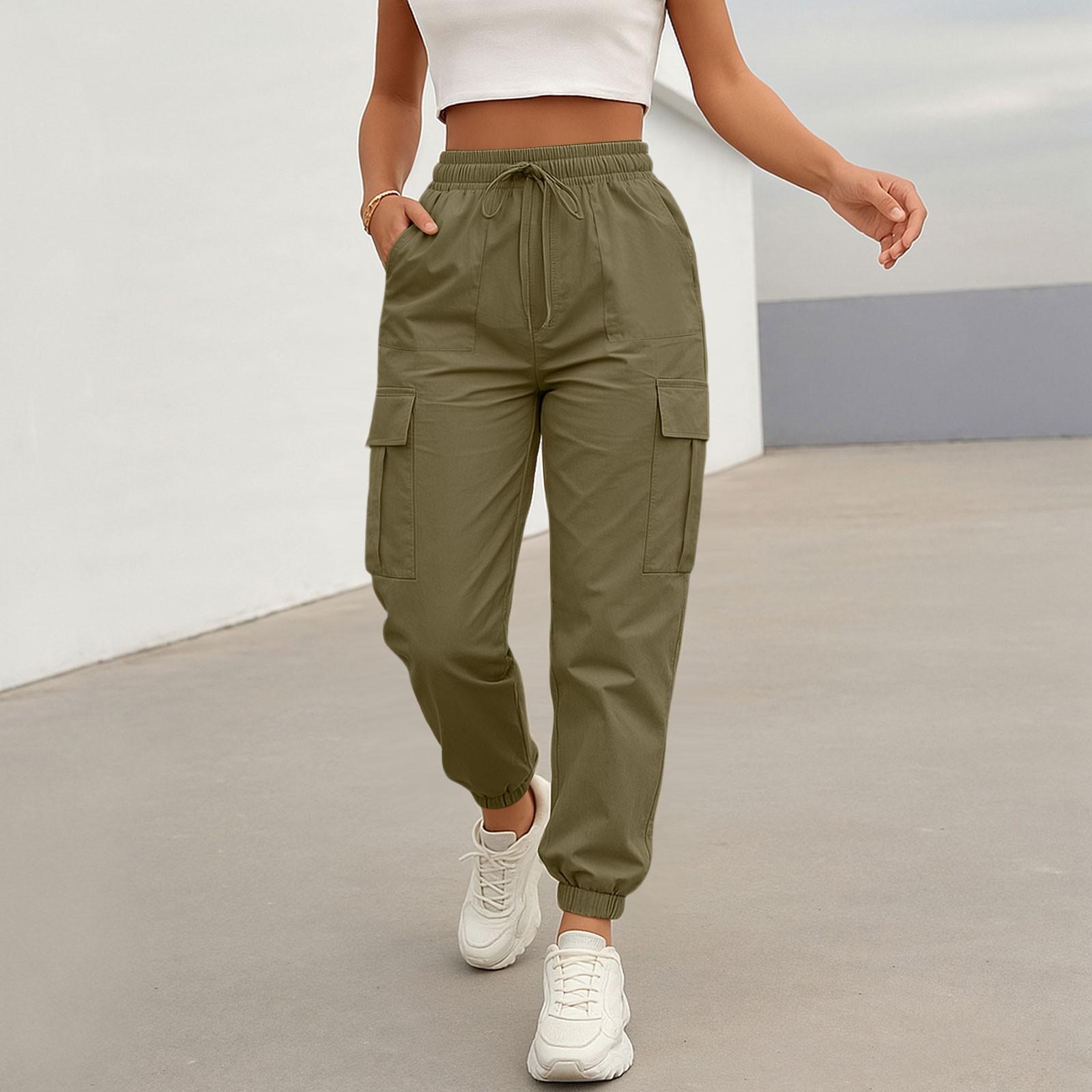 Damen Casual Cargo Hose Einfarbig Jogger mit Kordelzug in der Taille, Elastischer Bund, Mehrere Taschen Hose L armee grüne