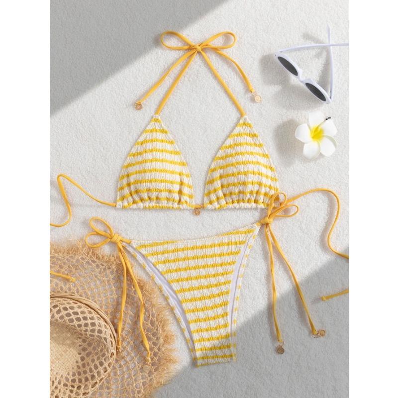 Damen gestreifter und Wasserwellen-Split-Badeanzug sexy Bikini SexHy Bikini-Badeanzug Colorblocking Mode hochwertig heiße Quelle par XS gelb