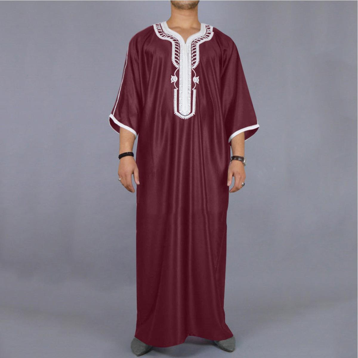 Muslimischen Mode Abayas Männer Patchwork Stickerei Lange Robe Saudi Arabischen Kaftan Männlichen Jubba Thobe Islamischen Marokkanischen Abaya M rot