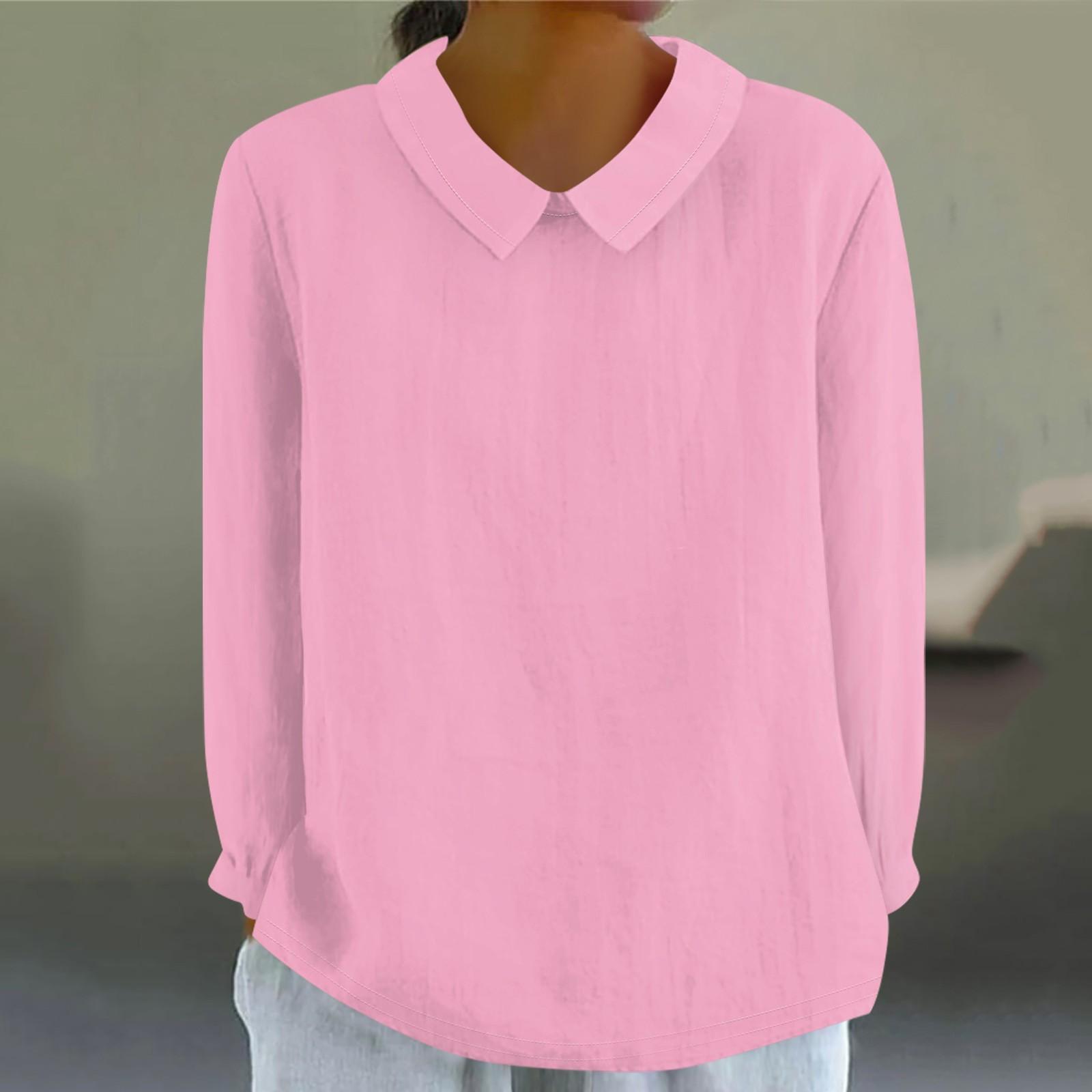 Damen Fashion Doll Kragen Langarm Locker Einfarbig Hemd Lässiges Knopfoberteil XXXL rosa