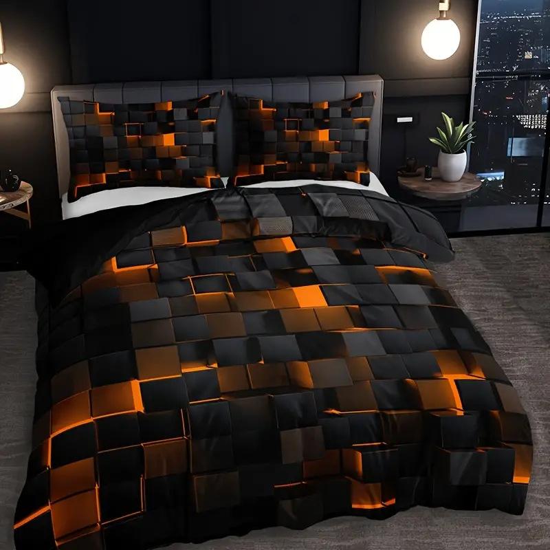 Grid Series Bettwäsche-Set Digitaldruck Weicher Bettbezug für Schlafzimmer Gästezimmer 2-teilig 3-teiliges Bettdecken-Set 135 x 200cm orange