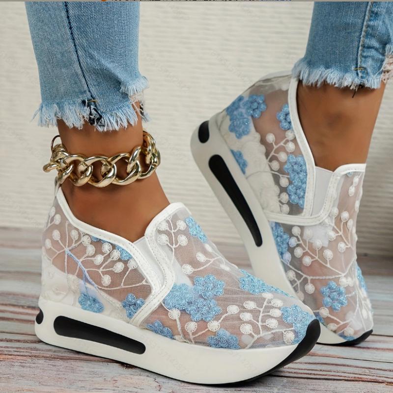 Bestellen Sie eine Größe größer, Plateau-Wedges-Damen-Sneakers, Blumenstickerei-Mesh-Sneakers für Damen, zum Hineinschlüpfen, lässige, bequeme Schuhe mit Absatz für Damen 39 blau