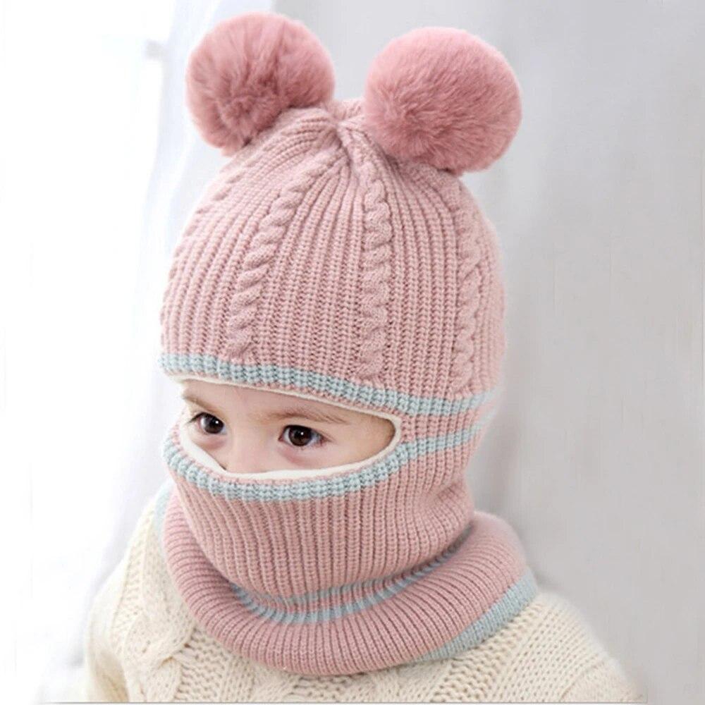 Kindermützen für Jungen und Mädchen, gestrickte Wollmütze, Wintermütze für Babys, warme Mützen mit Schalbezug für Kinder von 1–6 Jahren, winddichte Kappe 1-6year rosa
